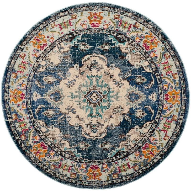 SAFAVIEH Monaco Navy/Light Blue 11 ft. x 11 ft. Distressed Border Medallion Round Area Rug MNC243N-11R