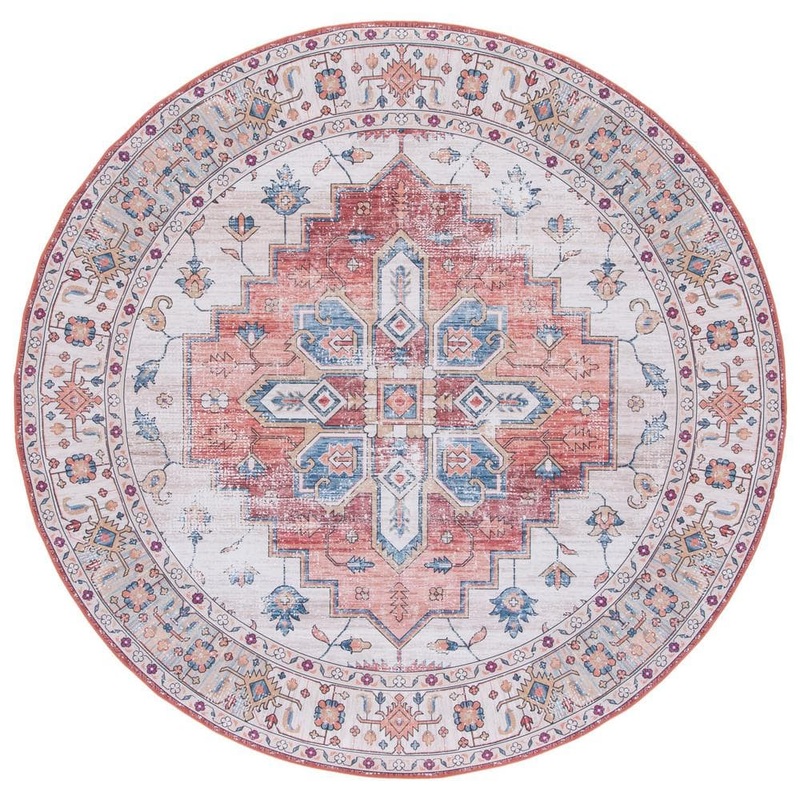 SAFAVIEH Tuscon Beige/Blue 5 ft. x 5 ft. Machine Washable Distressed Medallion Round Area Rug TSN109B-5R