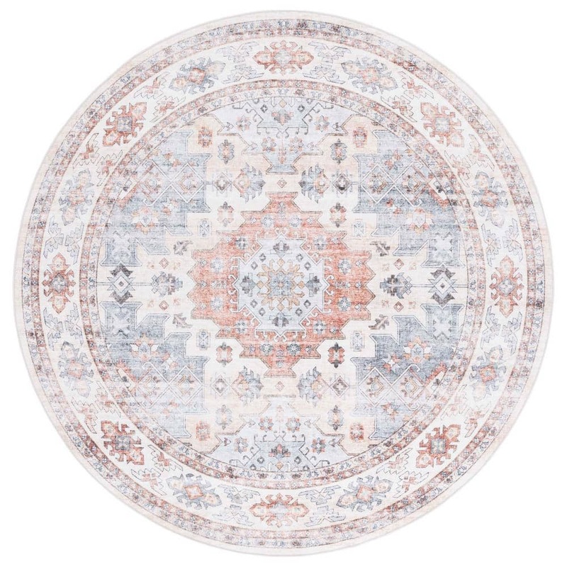 SAFAVIEH Arizona Rust/Light Blue 6 ft. x 6 ft. Distressed Border Ornate Machine Washable Round Area Rug ARZ512P-6R