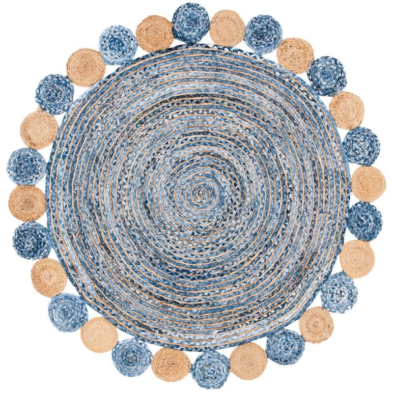 SAFAVIEH Cape Cod Blue/Beige 4 ft. x 4 ft. Circles Border Round Area Rug CAP201C-4R