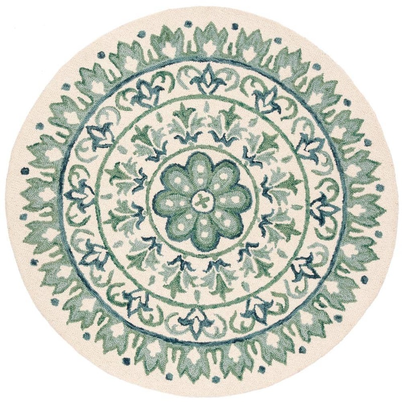 SAFAVIEH Novelty Ivory/Teal 6 ft. x 6 ft. Round Border Area Rug NOV607J-6R