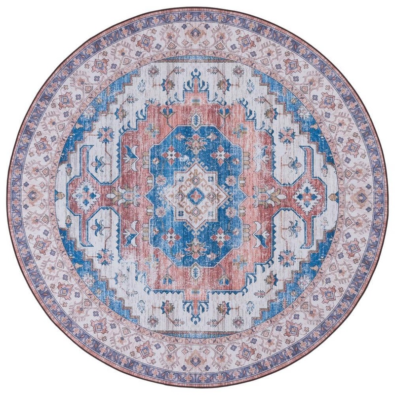 SAFAVIEH Tucson Beige/Blue 6 ft. x 6 ft. Machine Washable Border Floral Medallion Round Area Rug TSN181B-6R