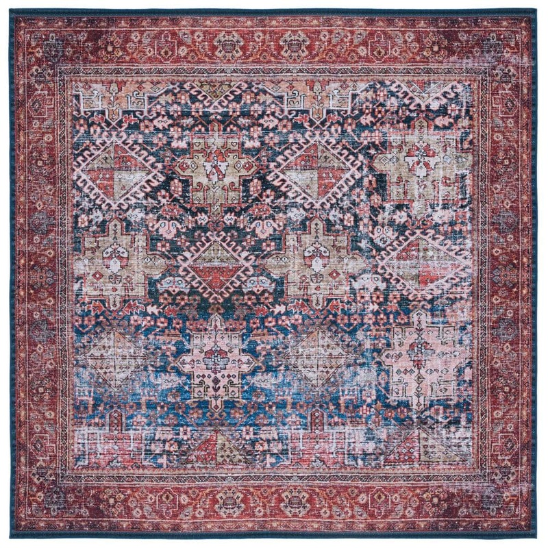 SAFAVIEH Tucson Navy/Rust 8 ft. x 8 ft. Machine Washable Border Geometric Floral Square Area Rug TSN124N-8SQ