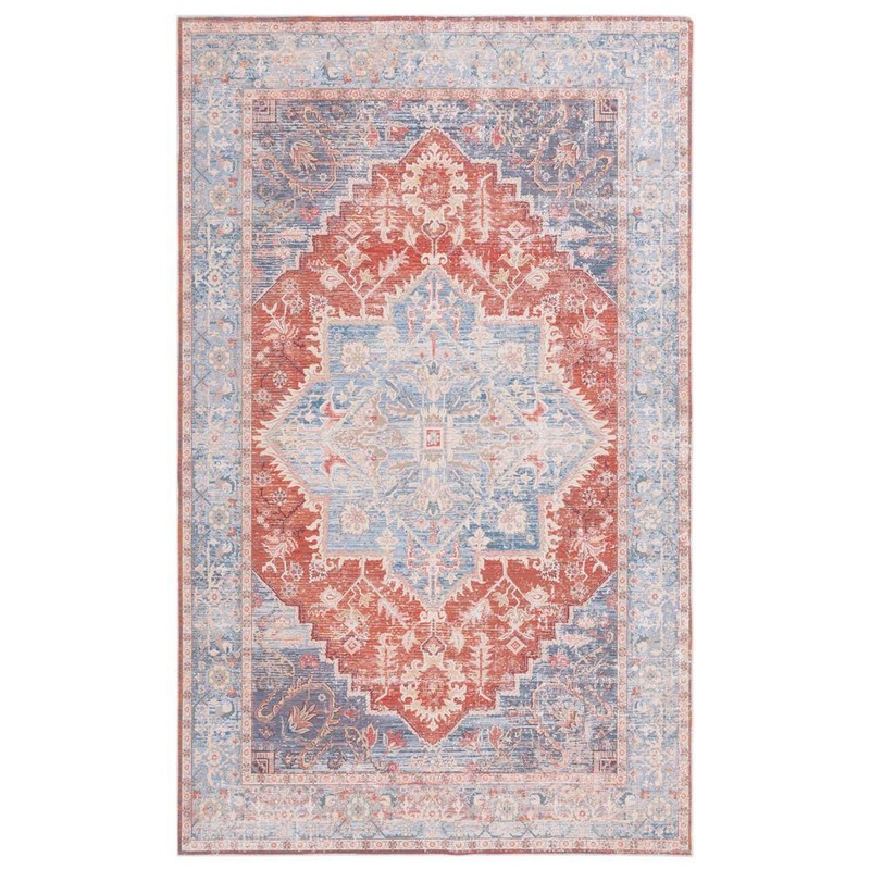 SAFAVIEH Arizona Light Blue/Rust 4 ft. x 6 ft. Distressed Border Ornate Machine Washable Area Rug ARZ137M-4