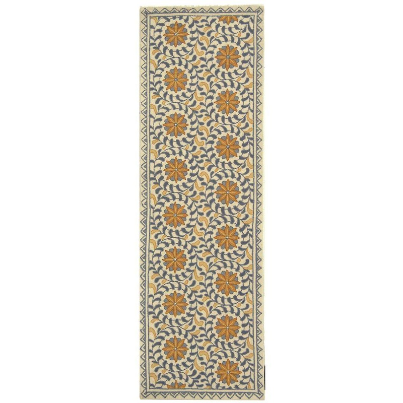 SAFAVIEH Chelsea Ivory/Blue 3 ft. x 6 ft. Border Floral Circles Runner Rug HK150A-26
