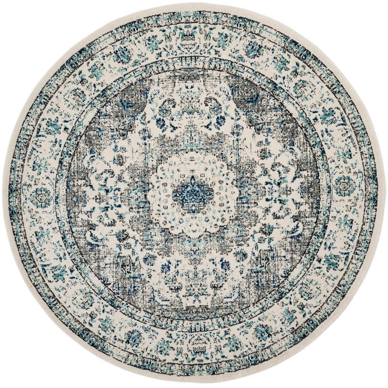 SAFAVIEH Evoke 5 ft. x 5 ft. Gray/Ivory Round Border Medallion Distressed Area Rug EVK220D-5R