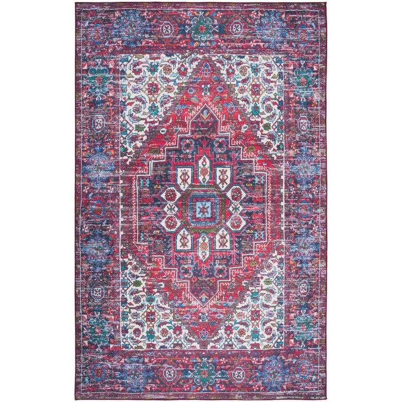 SAFAVIEH Tuscon Red/Blue 6 ft. x 9 ft. Machine Washable Border Medallion Distressed Area Rug TSN192Q-6