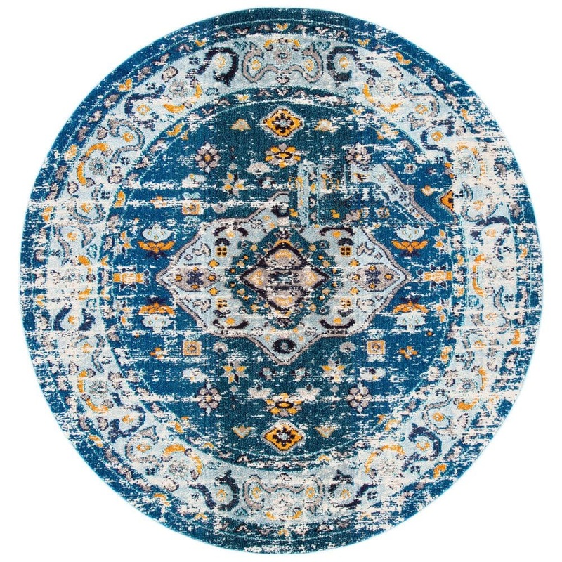 SAFAVIEH Madison Dark Blue/Light Blue 7 ft. x 7 ft. Geometric Border Floral Medallion Round Area Rug MAD468M-7R