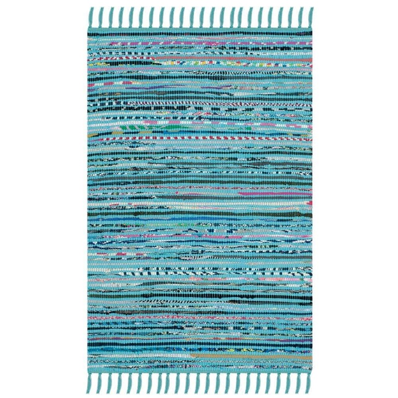 SAFAVIEH Rag Rug Turquoise/Multi Doormat 3 ft. x 4 ft. Gradient Solid Striped Area Rug RAR125C-24