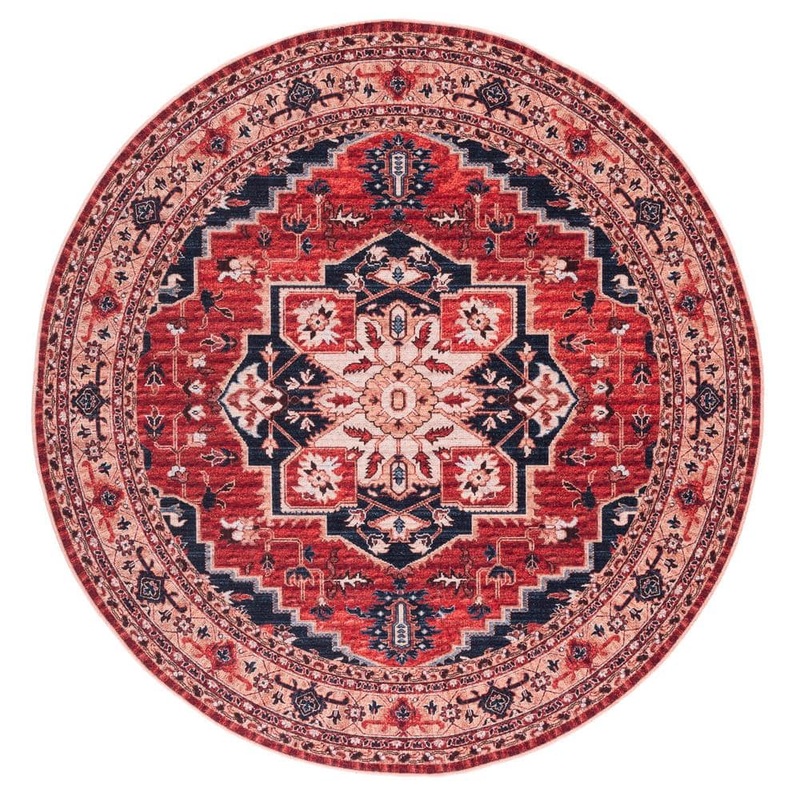 SAFAVIEH Serapi Red/Beige 7 ft. x 7 ft. Machine Washable Geometric Border Round Area Rug SEP557Q-7R