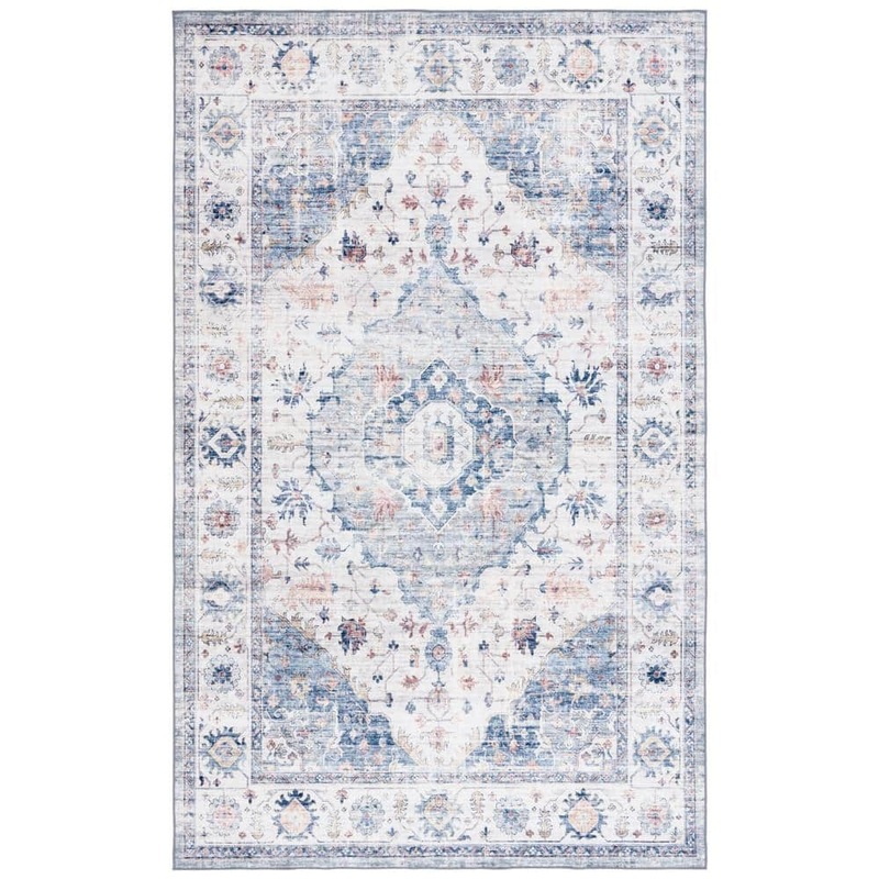 SAFAVIEH Arizona Light Blue/Ivory 6 ft. x 9 ft. Distressed Border Ornate Machine Washable Area Rug ARZ517L-6