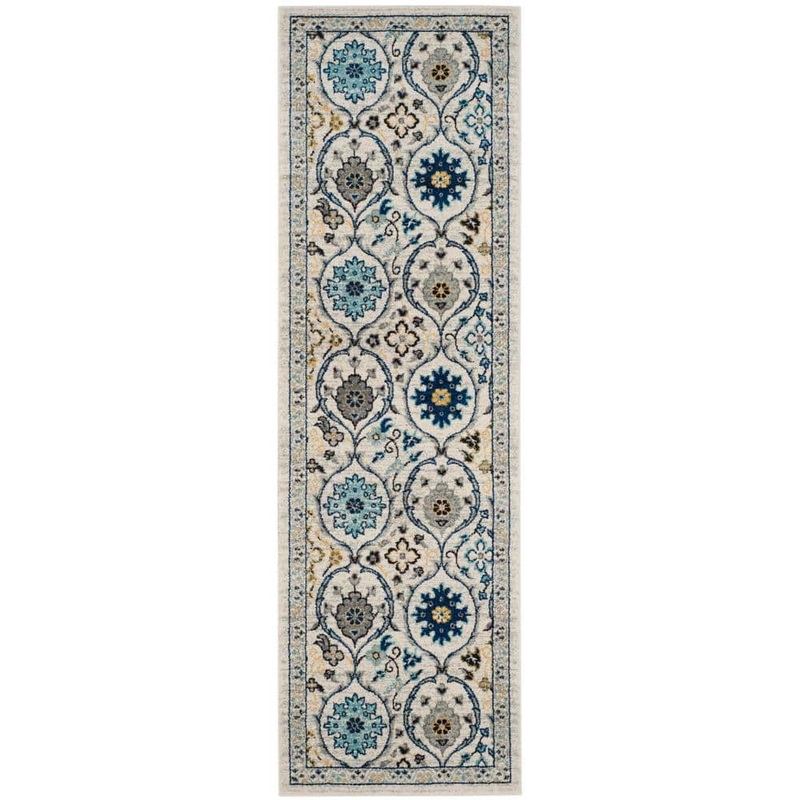 SAFAVIEH Evoke Ivory/Blue 2 ft. x 5 ft. Border Distressed Geometric Runner Rug EVK210C-25