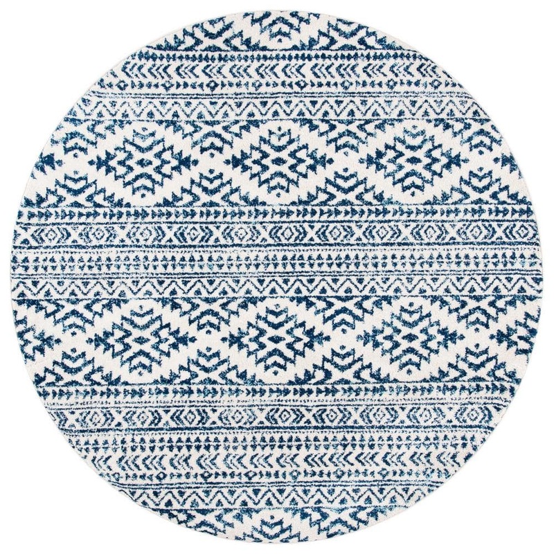 SAFAVIEH Tulum Ivory/Navy 7 ft. x 7 ft. Round Tribal Geometric Striped Area Rug TUL272D-7R