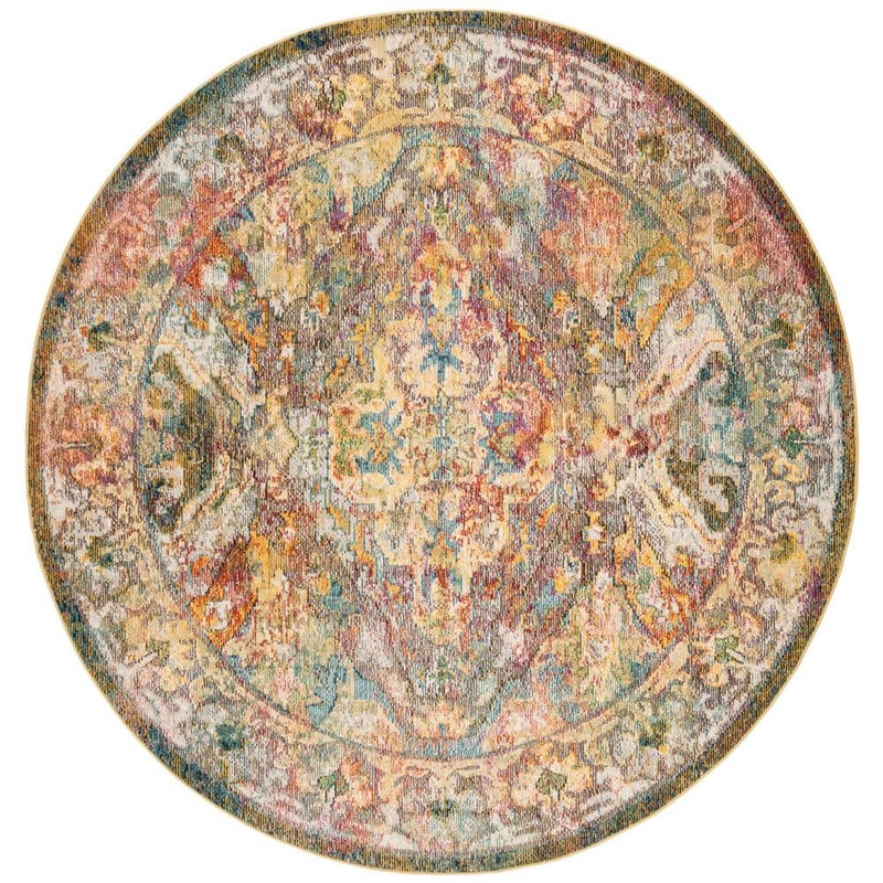 SAFAVIEH Crystal Light Blue/Orange 7 ft. x 7 ft. Distressed Border Round Area Rug CRS516A-7R