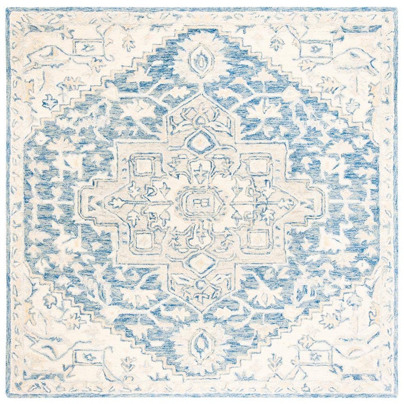 SAFAVIEH Micro-Loop Blue/Ivory 5 ft. x 5 ft. Square Medallion Floral Area Rug MLP503M-5SQ