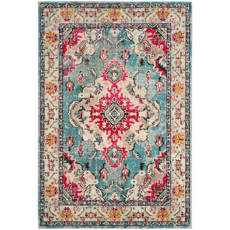 SAFAVIEH Monaco 4 ft. x 6 ft. Light Blue/Fuchsia Border Area Rug MNC243J-4