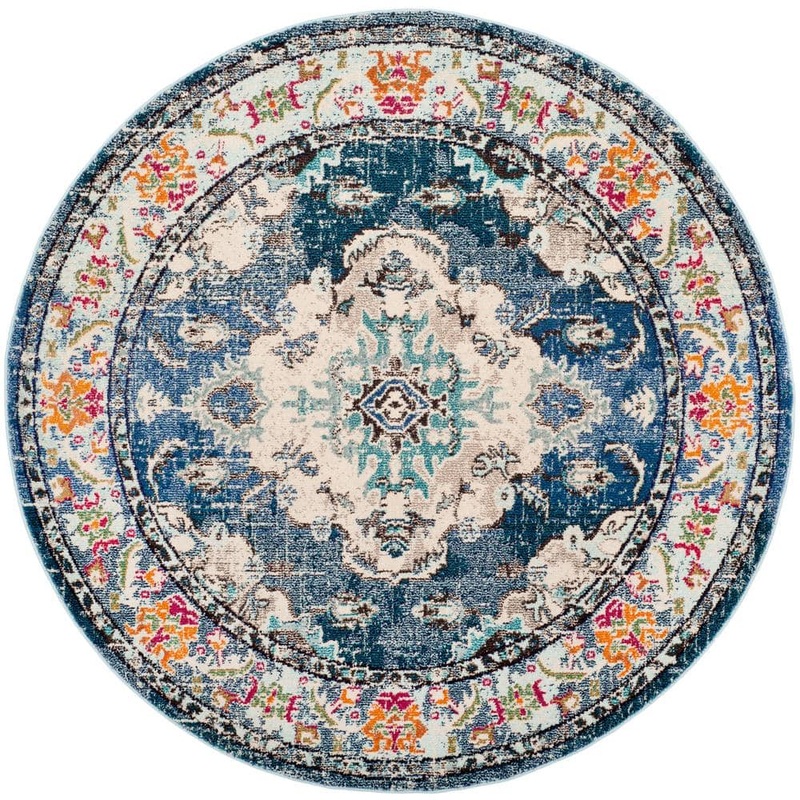 SAFAVIEH Monaco Navy/Light Blue 4 ft. x 4 ft. Distressed Border Medallion Round Area Rug MNC243N-4R