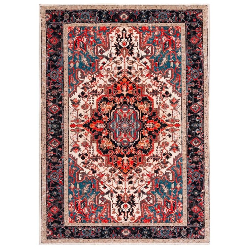 SAFAVIEH Riviera Ivory/Blue 5 ft. x 8 ft. Machine Washable Medallion Border Geometric Area Rug RIV138A-5