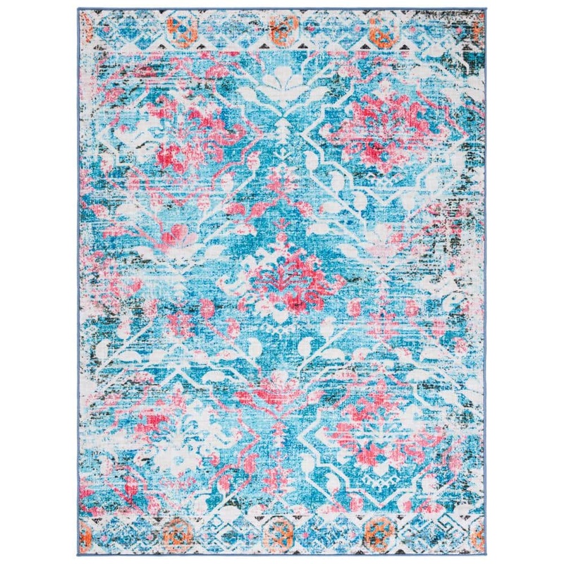 SAFAVIEH Riviera Light Blue/Pink 4 ft. x 6 ft. Machine Washable Floral Geometric Area Rug RIV117J-4