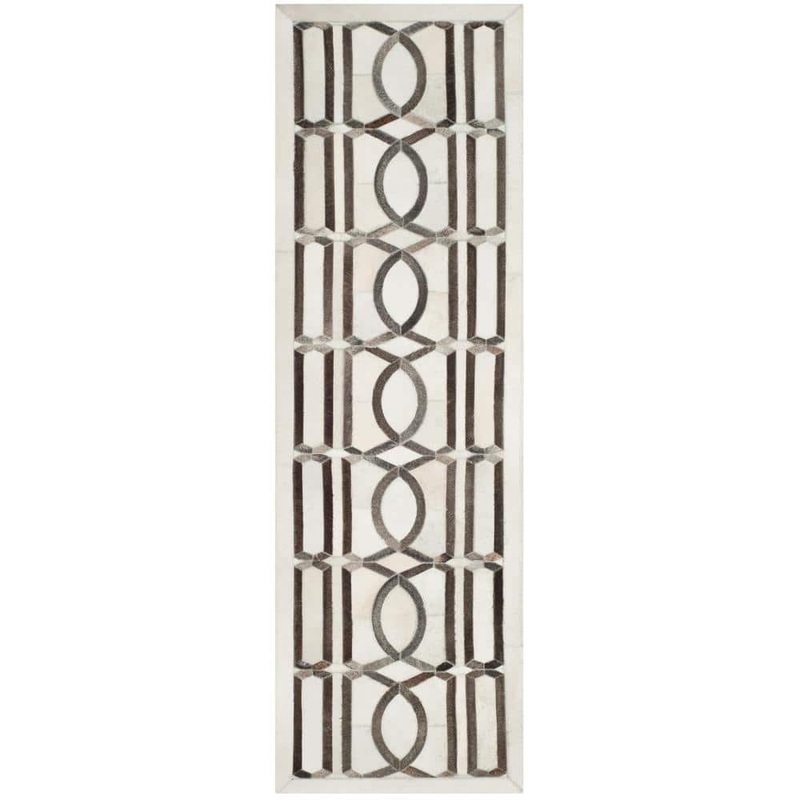 SAFAVIEH Studio Leather Ivory Grey 2 ft. x 7 ft. Border Geometric Runner Rug STL662A-27