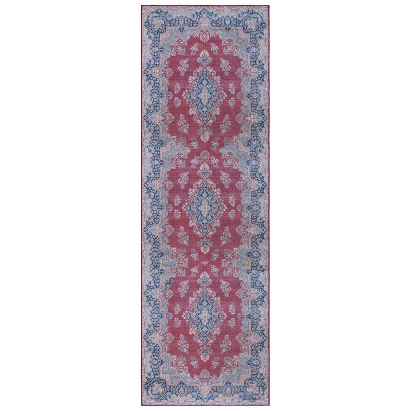 SAFAVIEH Tucson Red/Navy 3 ft. x 8 ft. Machine Washable Border Floral Runner Rug TSN182Q-28