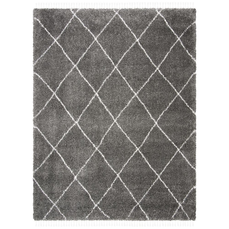 SAFAVIEH Moroccan Fringe Shag Gray/Ivory 9 ft. x 12 ft. Tribal Diamond Geometric Area Rug MFG332F-9