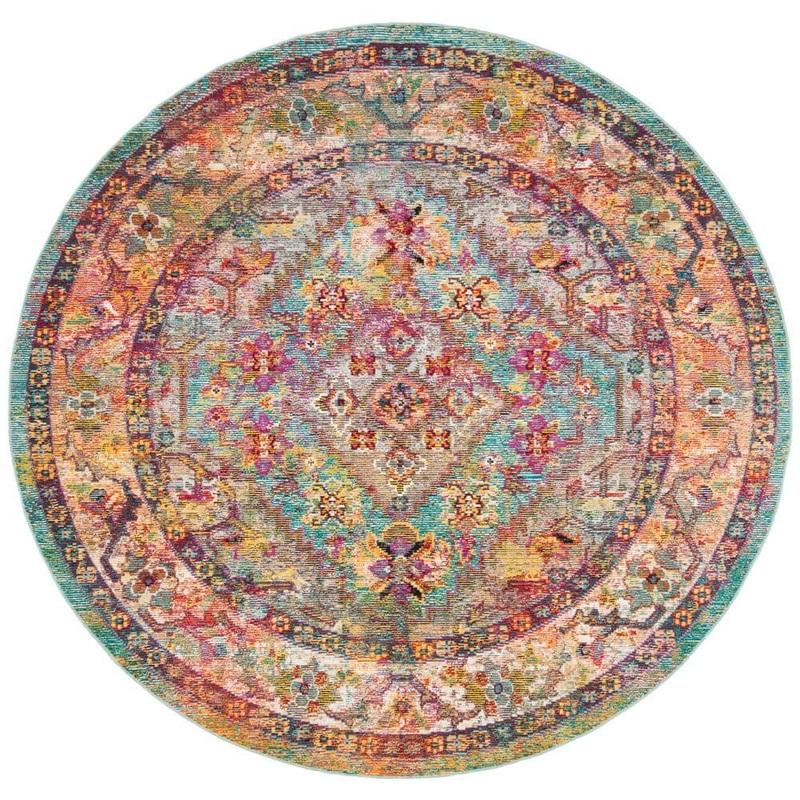 SAFAVIEH Crystal Light Blue/Orange 7 ft. x 7 ft. Border Medallion Round Area Rug CRS507A-7R