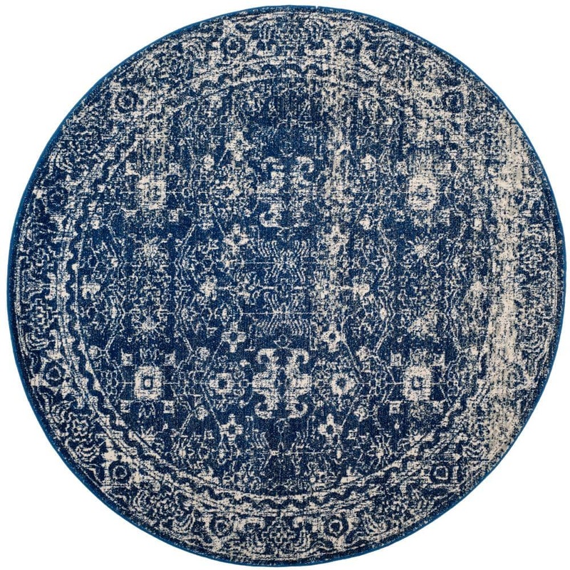 SAFAVIEH Evoke Navy/Ivory 7 ft. x 7 ft. Round Floral Speckles Distressed Area Rug EVK270A-7R