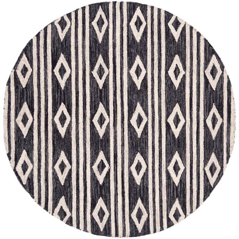 SAFAVIEH Micro-Loop Charcoal/Ivory 5 ft. x 5 ft. Striped Diamonds Round Area Rug MLP153H-5R