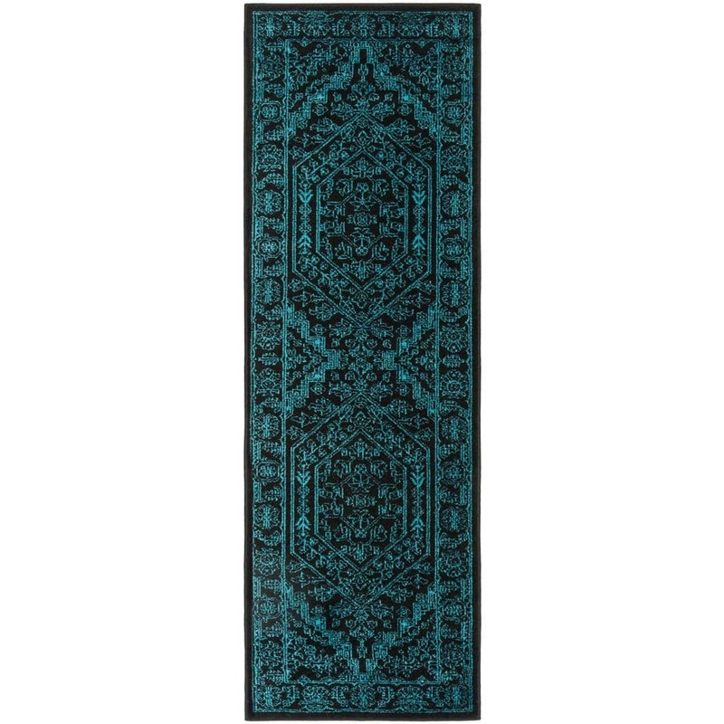 SAFAVIEH Adirondack Black/Teal 3 ft. x 6 ft. Border Medallion Runner Rug ADR108K-26