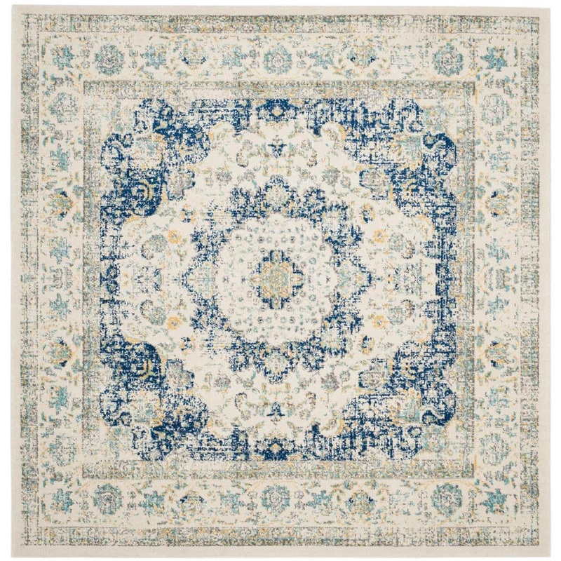 SAFAVIEH Evoke 5 ft. x 5 ft. Ivory/Blue Square Border Area Rug EVK220C-5SQ