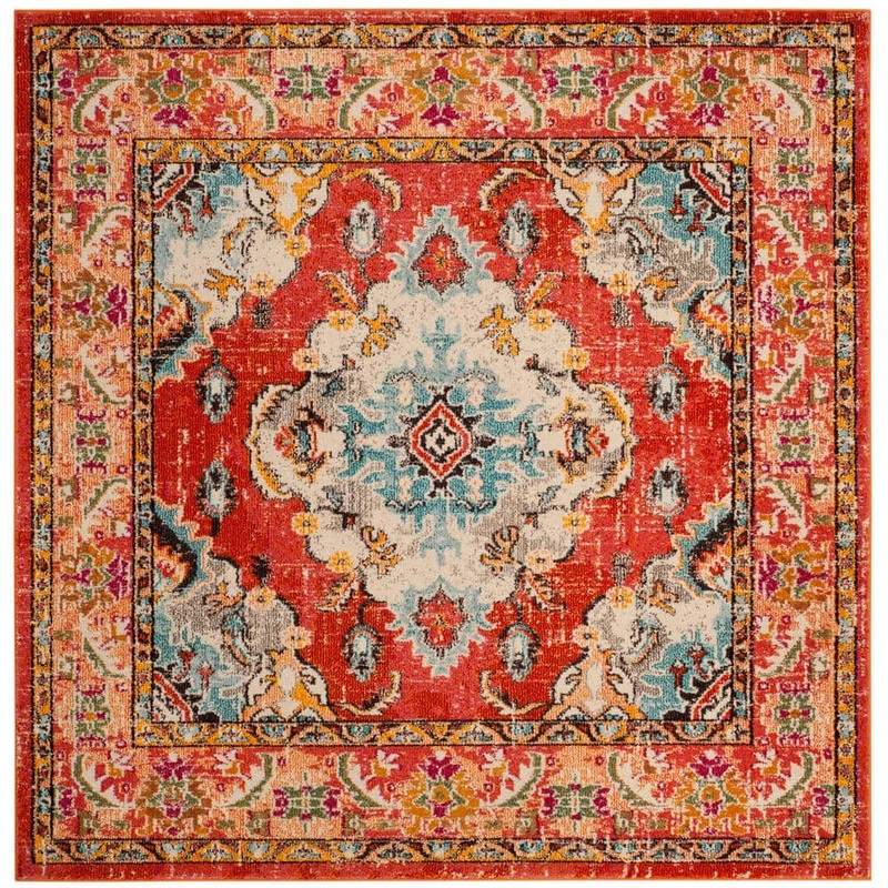SAFAVIEH Monaco Orange/Light Blue 11 ft. x 11 ft. Distressed Border Medallion Square Area Rug MNC243H-11SQ
