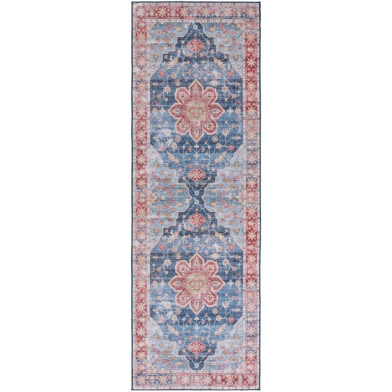 SAFAVIEH Tuscon Blue/Rust 3 ft. x 14 ft. Machine Washable Distressed Medallion Runner Rug TSN110M-214
