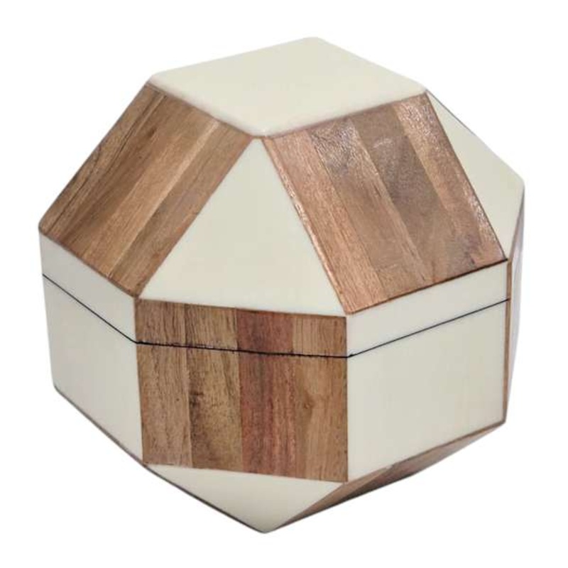 Natural & White Checkered Hexagon Box, 6″