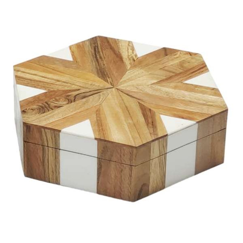 Natural Wood & White Resin Inlay Hexagon Box, 10″