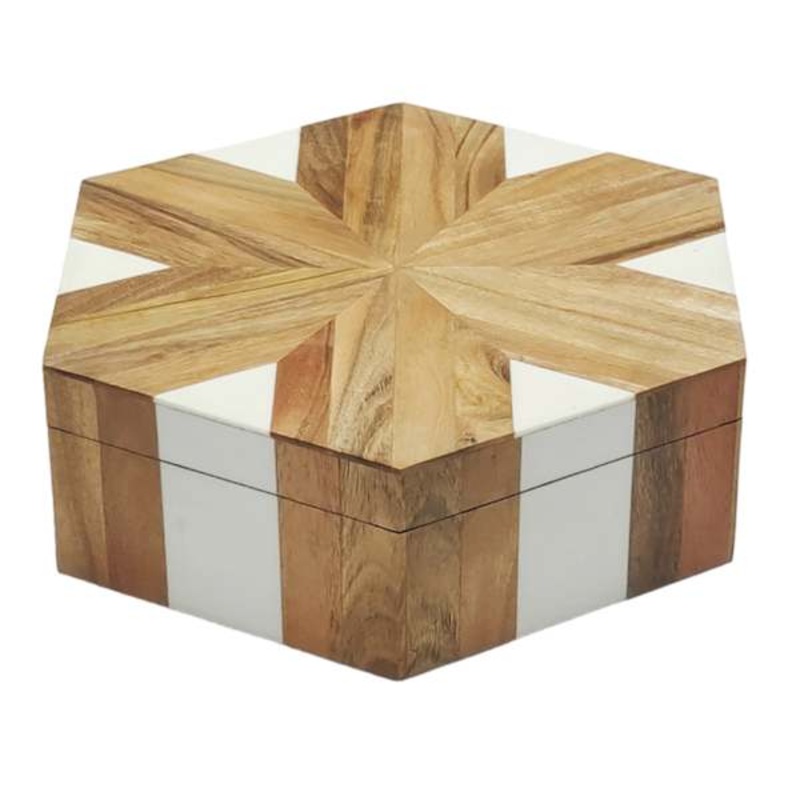 Natural Wood & White Resin Inlay Hexagon Box, 12″