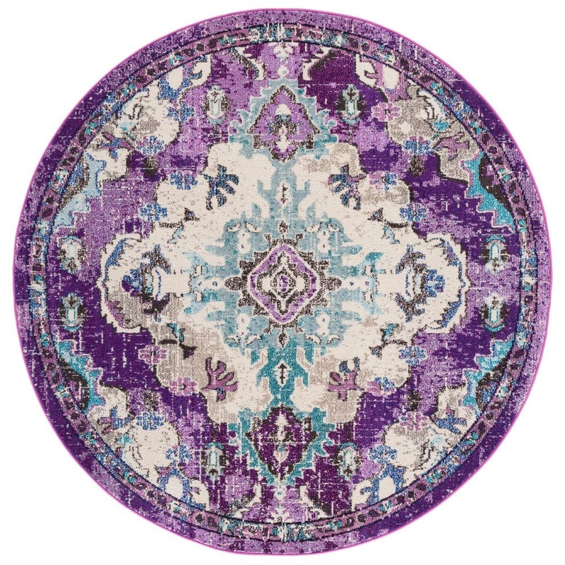 SAFAVIEH Madison Lavender/Light Blue 7 ft. x 7 ft. Border Floral Oriental Round Area Rug MAD484V-7R
