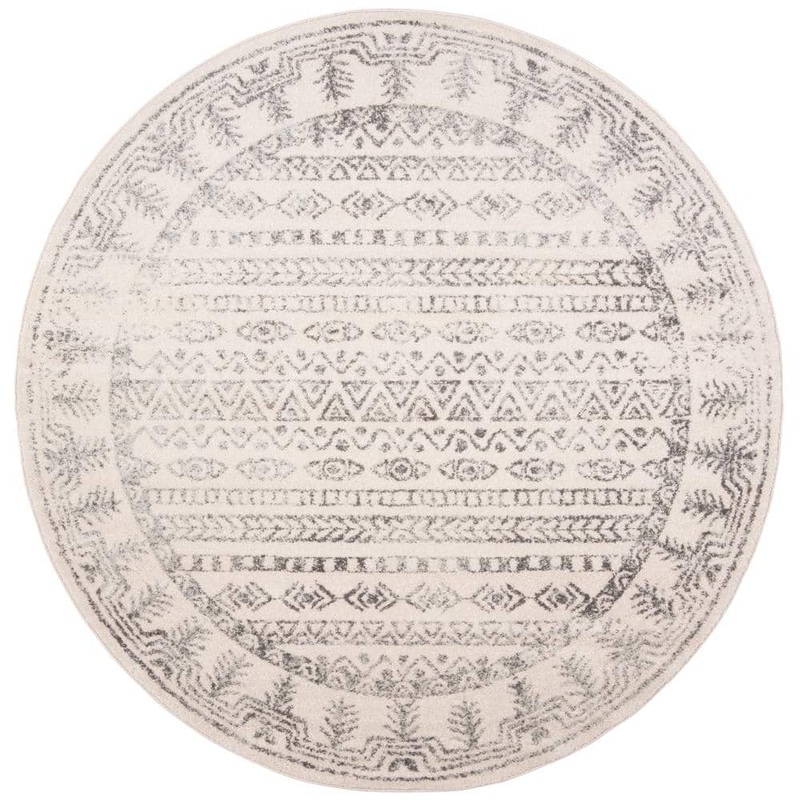 SAFAVIEH Tulum Ivory/Gray 7 ft. x 7 ft. Round Striped Distressed Border Area Rug TUL271A-7R