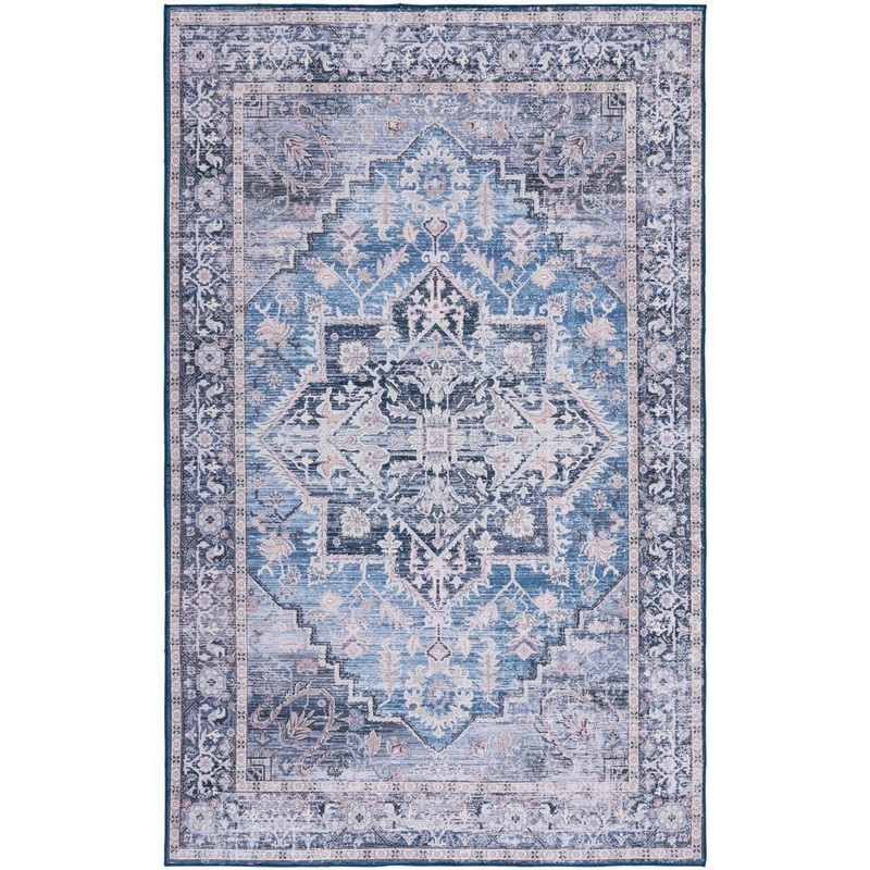 SAFAVIEH Tuscon Blue/Charcoal 4 ft. x 6 ft. Machine Washable Medallion Floral Border Area Rug TSN137M-4