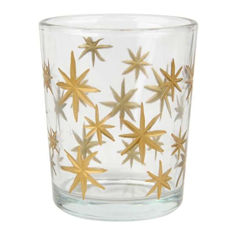 Gold Etched Star Glass Votive Candle Holder, 2.6″