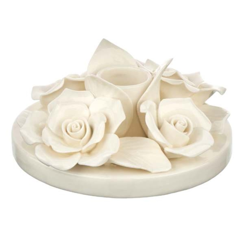 White Floral Ceramic Taper Candle Holder, 2″