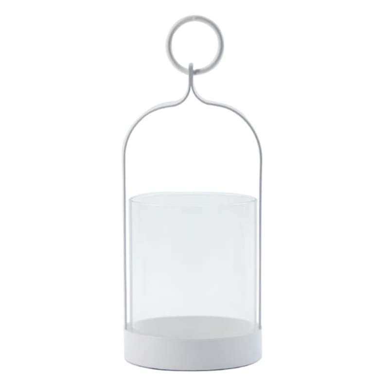White Metal & Glass Lantern with Ring Handle, 8″