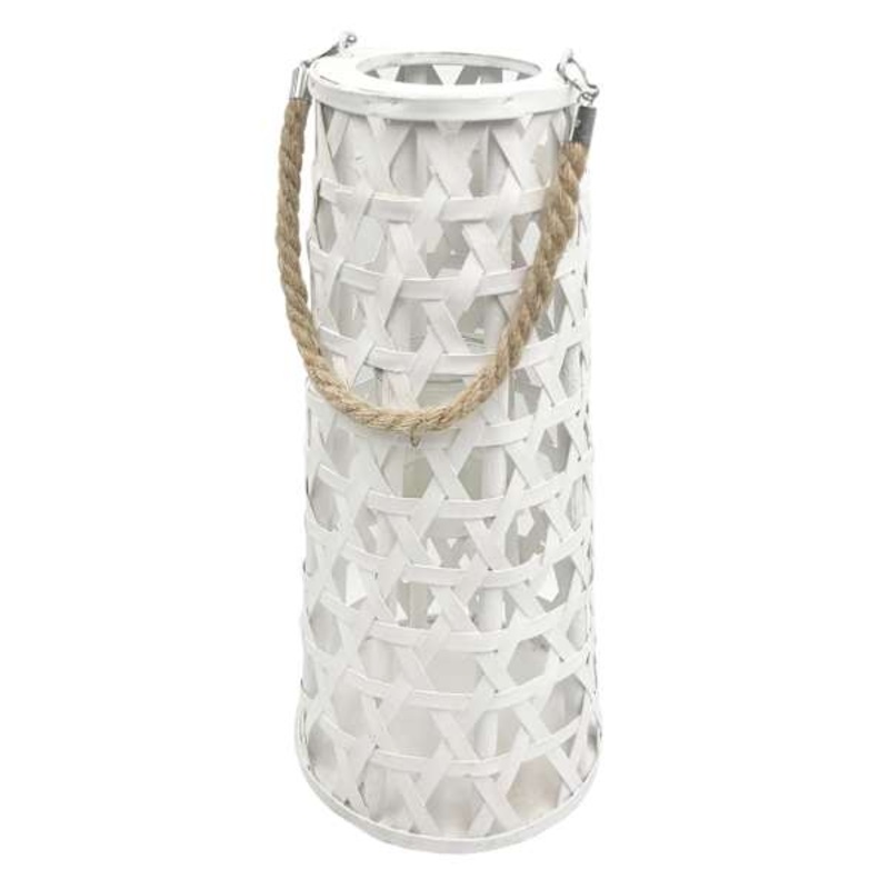 White Wood Cutout Lantern with Rope Handle, 16″
