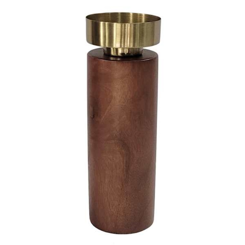 Wood Base & Gold Top Pillar Candle Holder, 10″