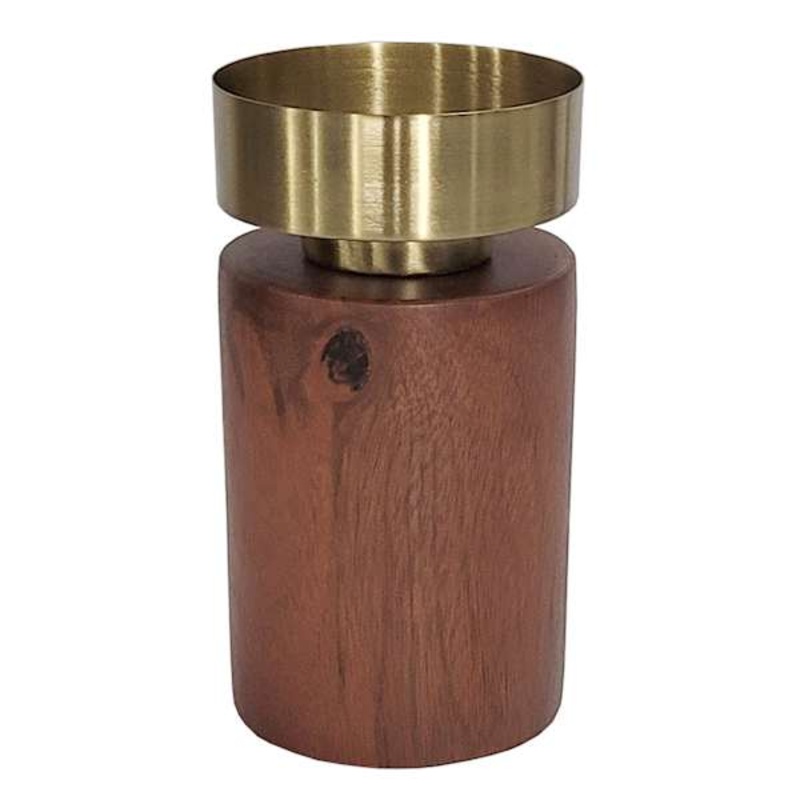 Wood Base & Gold Top Pillar Candle Holder, 6″