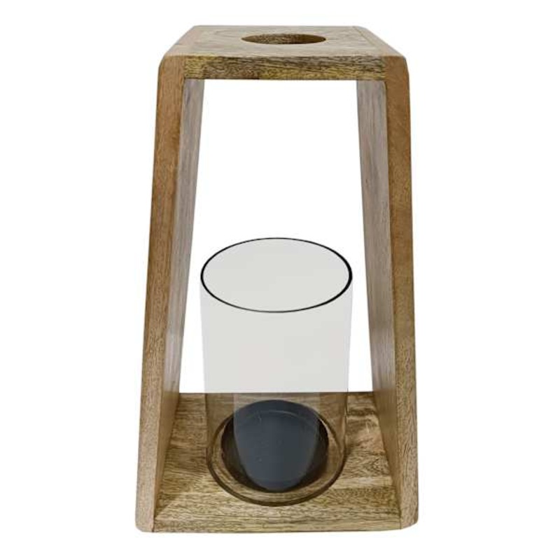Wood & Metal Lantern with Glass Hurricane, 12.5″