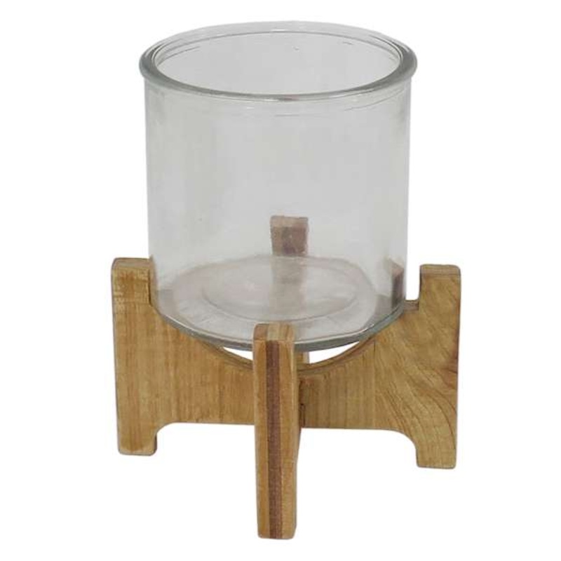 Wooden Hurricane Glass Candle Holder, 6.5″