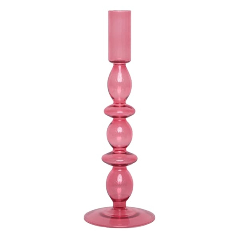Pink Bubble Glass Taper Candle Holder, 10″