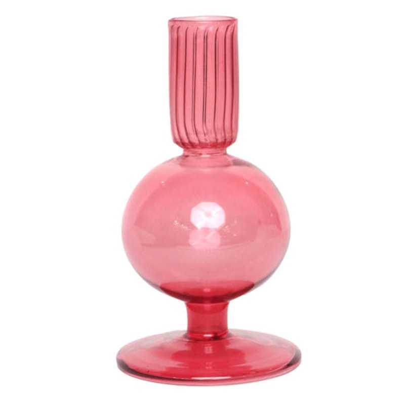Pink Bubble Glass Taper Candle Holder, 6″