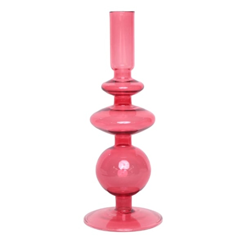 Pink Bubble Glass Taper Candle Holder, 9″
